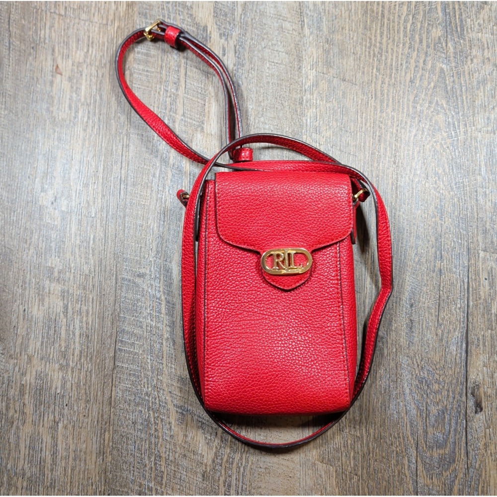 Lauren Ralph Lauren Jacquard Phone Crossbody Bag Red Pebbled Cow Leather Small